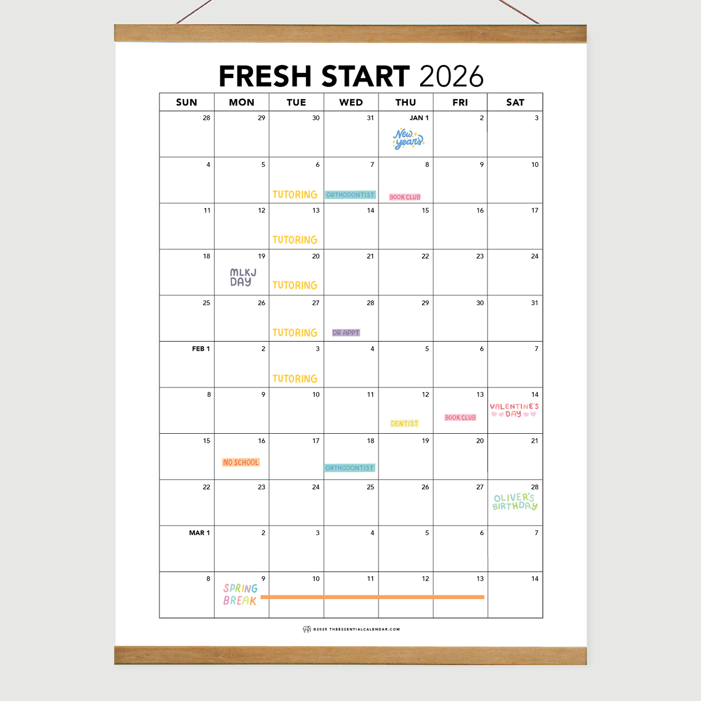 The Essential Family Calendar: Fresh Start (Sunday-start)