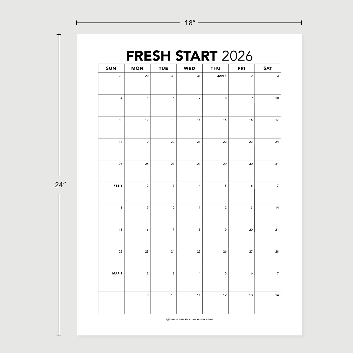 The Essential Family Calendar: Fresh Start (Sunday-start)