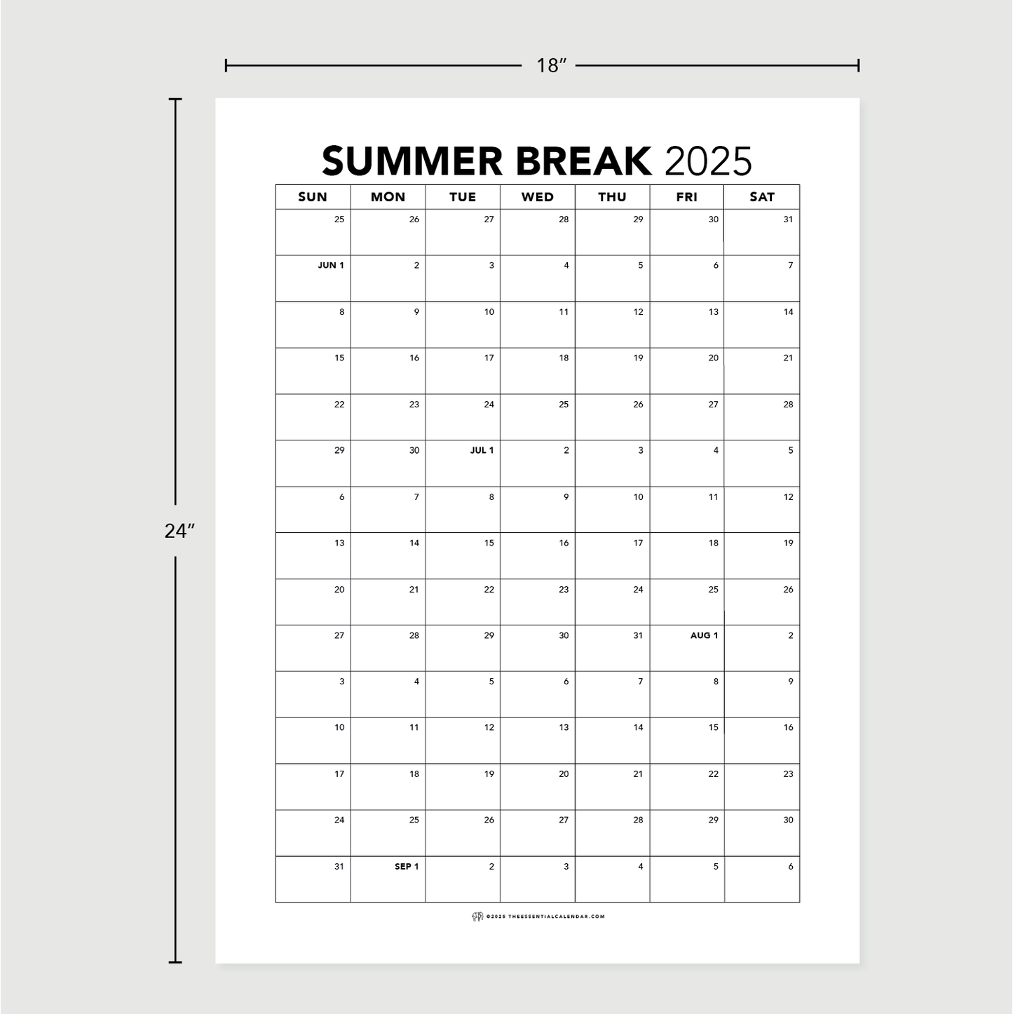 The Essential Family Calendar: Summer Break (Sunday-start)