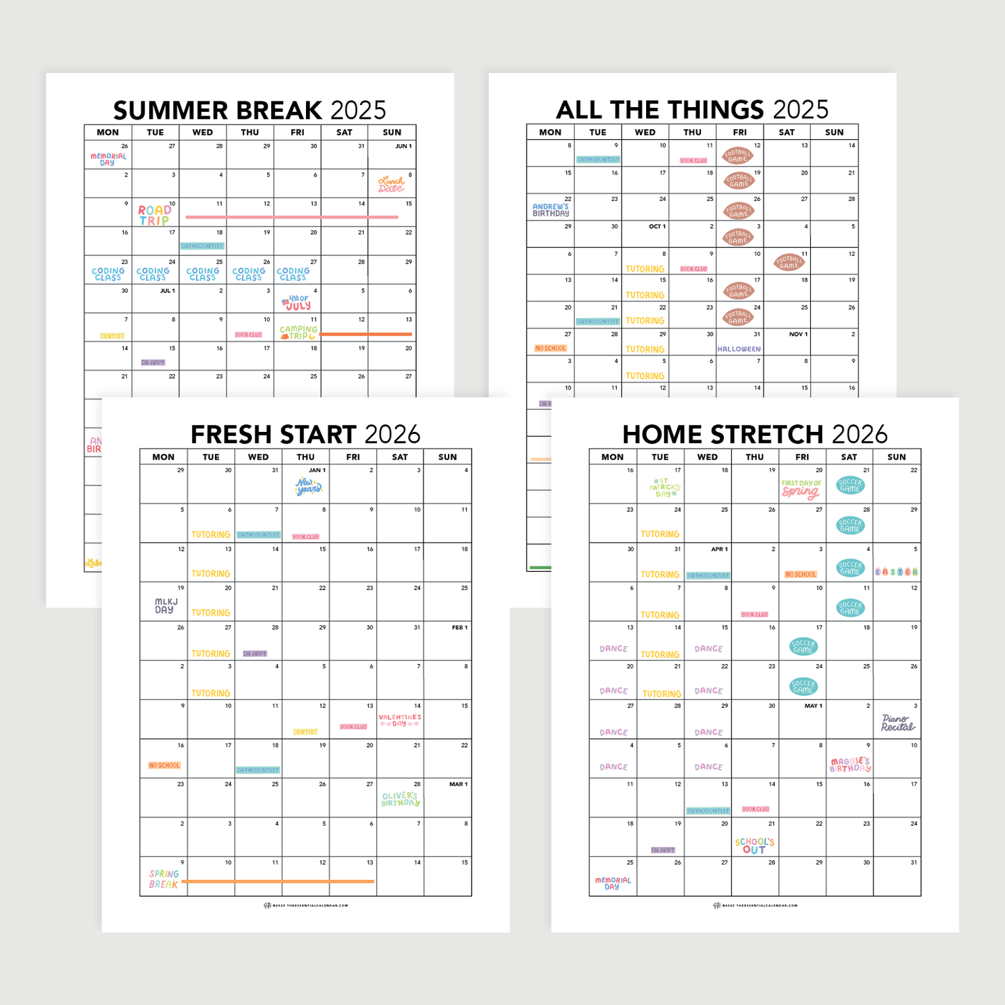 2025-2026 The Essential Family Calendar (Monday-start)