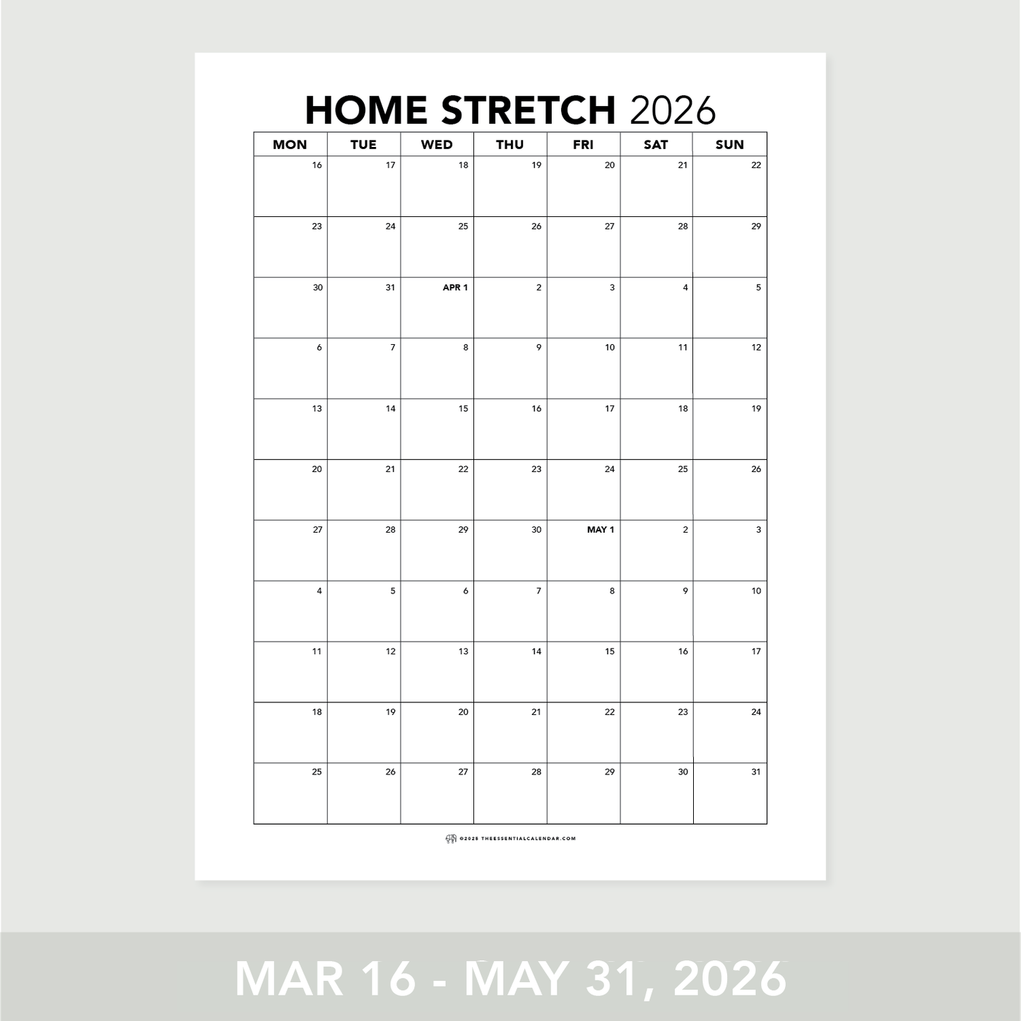 The Essential Family Calendar: Home Stretch (Monday-start)