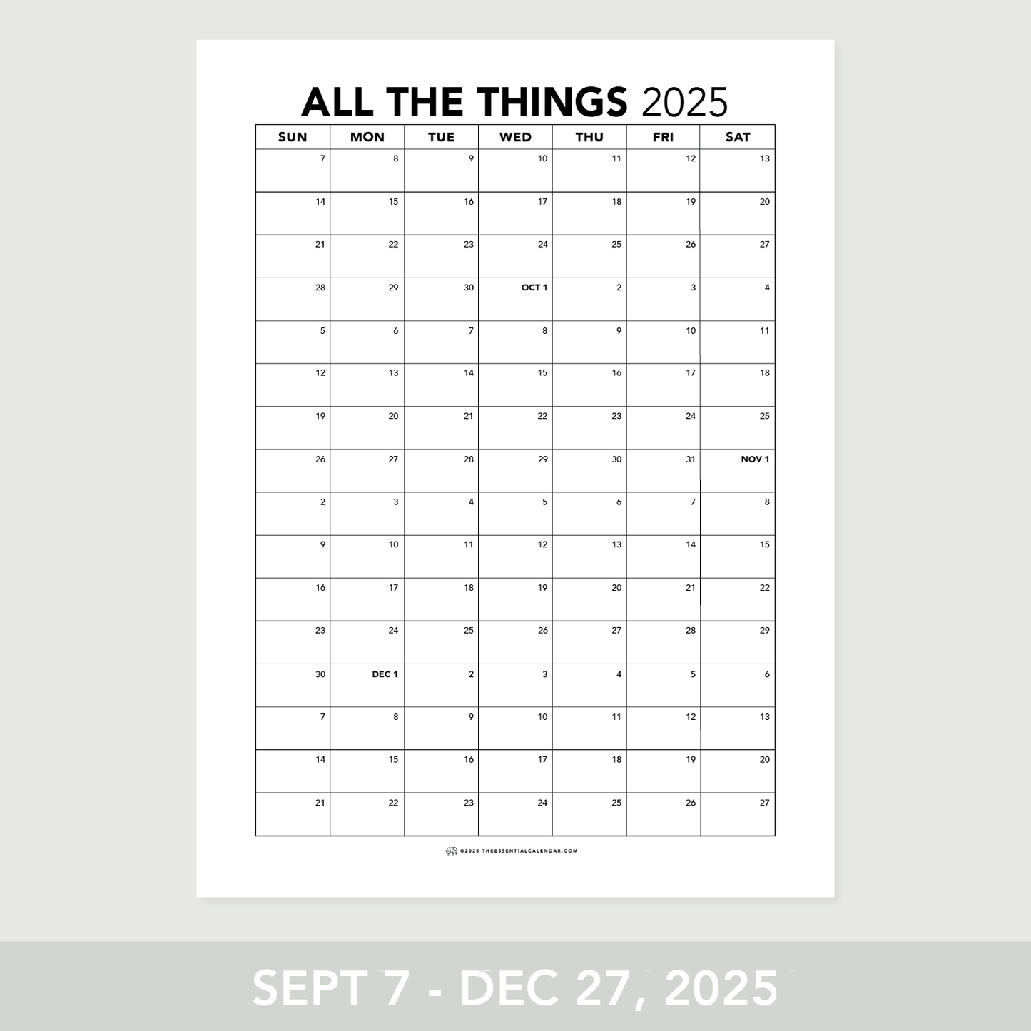 The Essential Family Calendar: All the Things (Sunday-start)