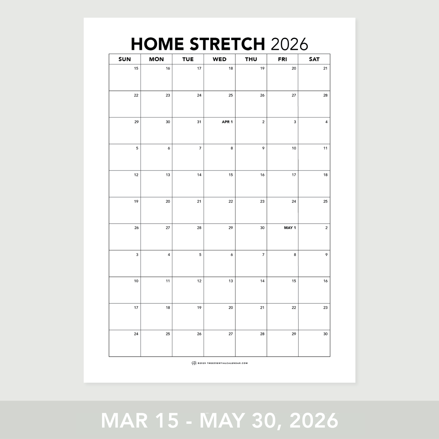 The Essential Family Calendar: Home Stretch (Sunday-start)