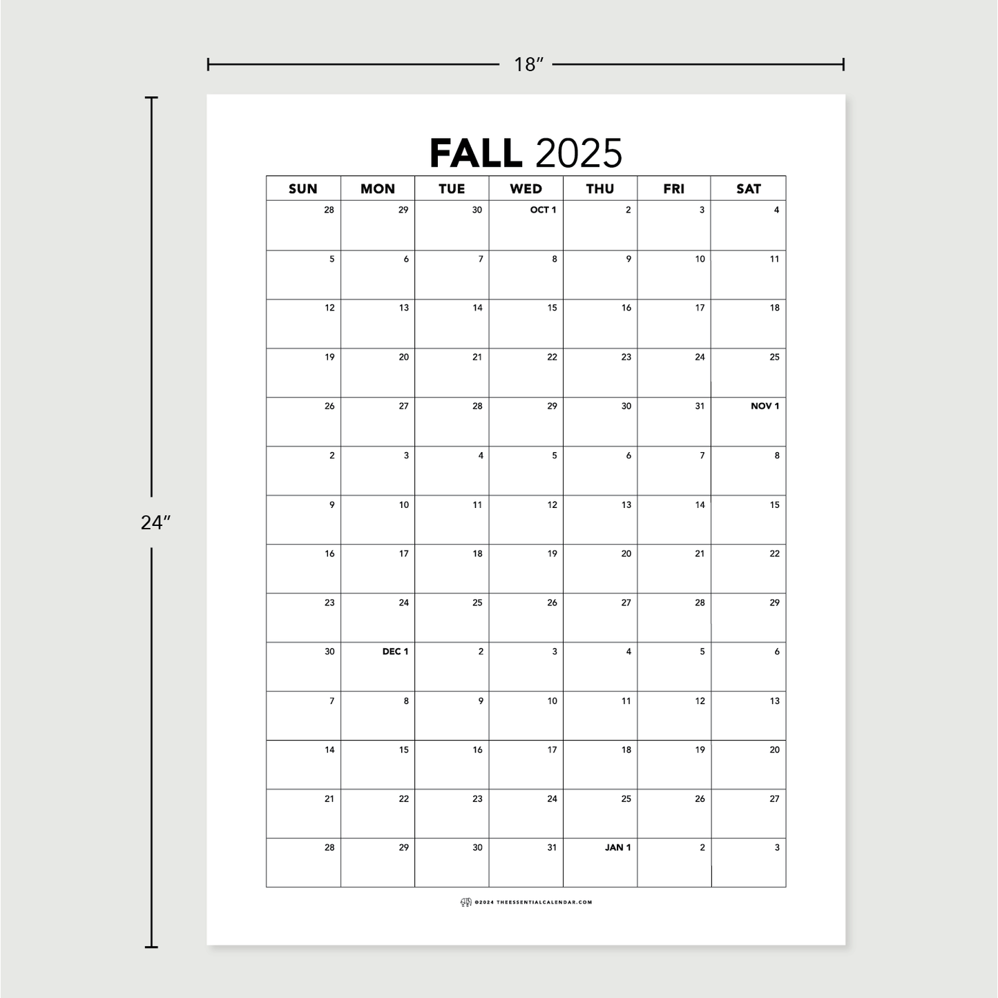 2025 Sunday-start Fall Calendar