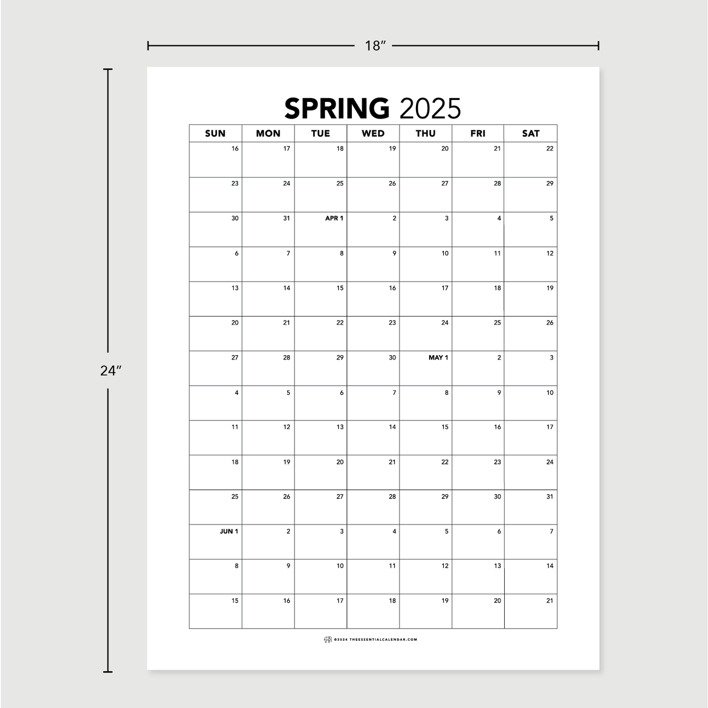 2025 Sunday-start Spring Calendar