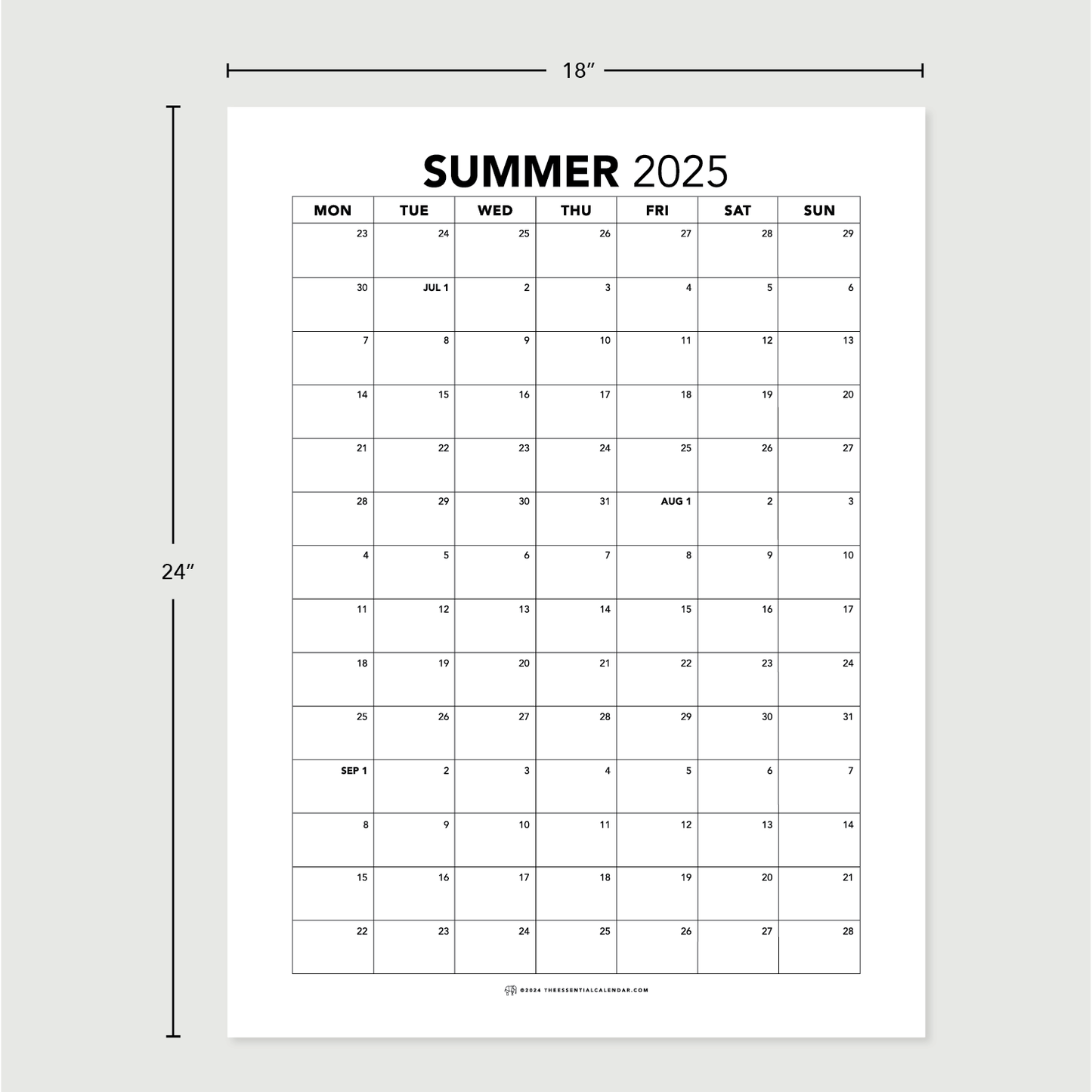 2025 Monday-start Summer Calendar