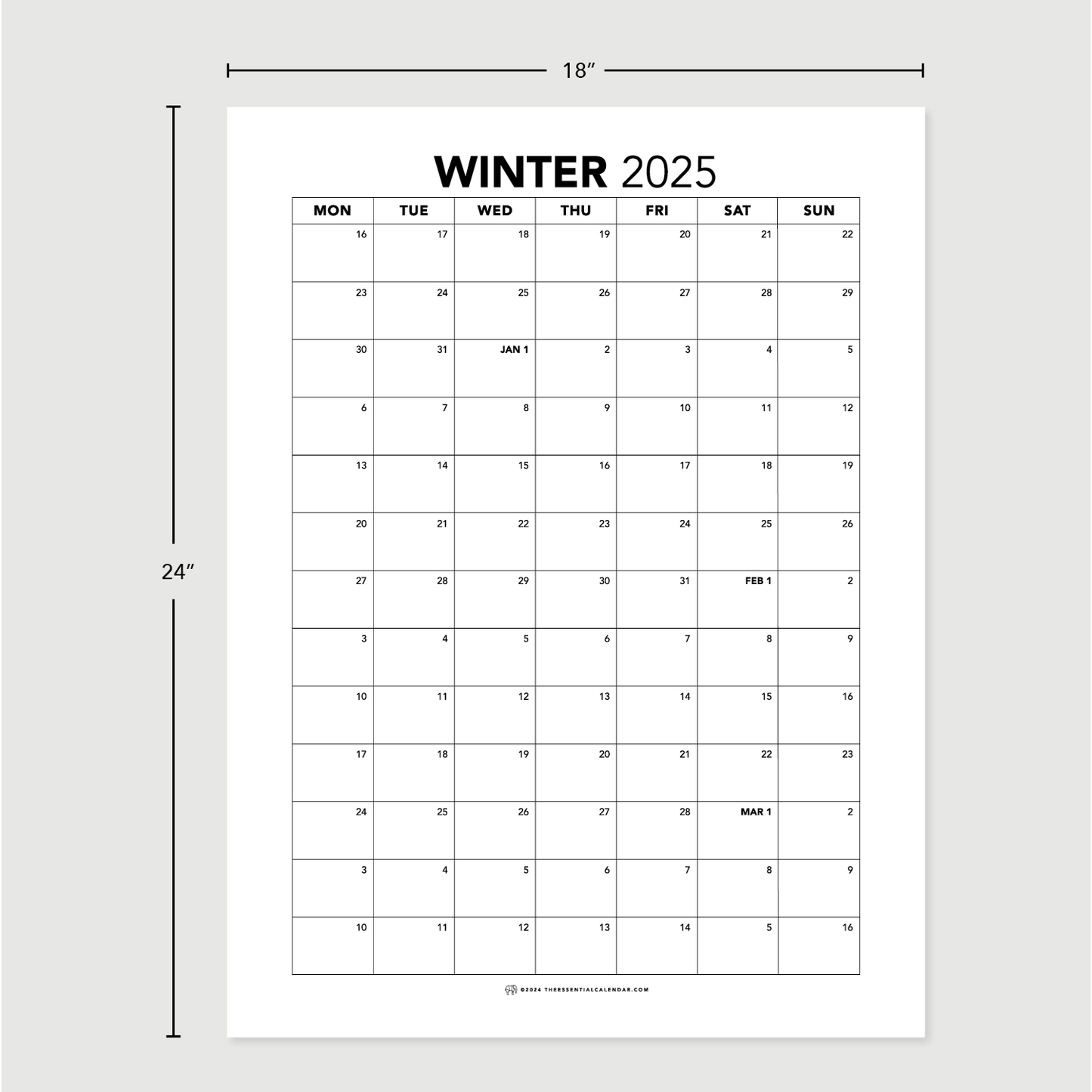 2025 Monday-start Winter Calendar