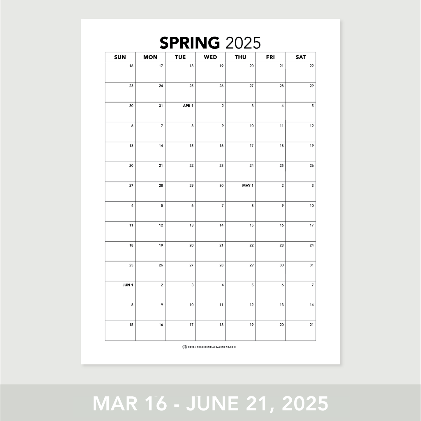 2025 Sunday-start Spring Calendar