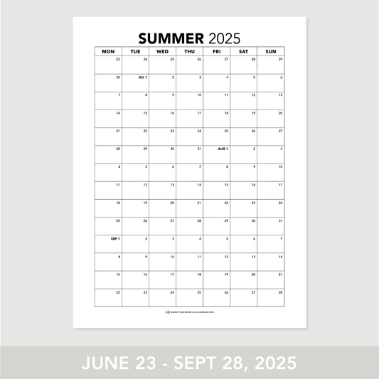 2025 Monday-start Summer Calendar