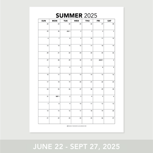 2025 Monday-start Summer Calendar