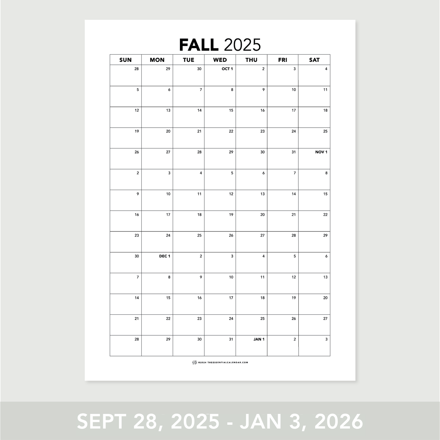 2025 Sunday-start Fall Calendar